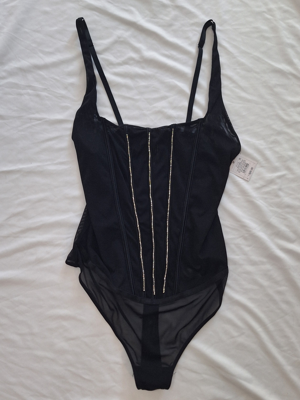 Black Mesh Corset Bodysuit with Rhinestone Detail, Sleeveless, Sexy Lingerie M